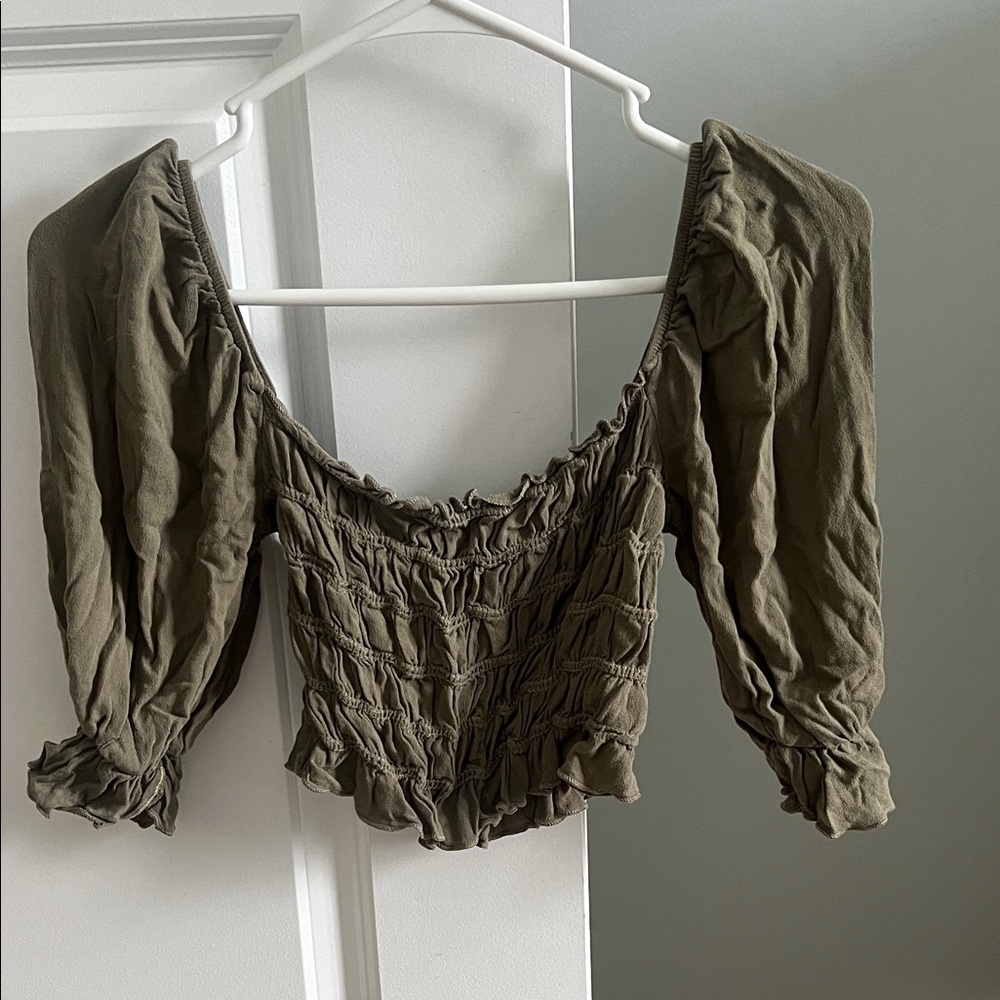 Smocked Olive Green Crop Top - Women's